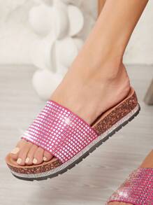 SHUZIA 女式厚底設計鑲嵌水鑽花裝飾平底涼鞋 - 粉色 - 查看 4