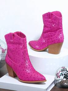 SHUZIA Glitter Pointy Toe Block Heel Ankle Boots - Red Violet - View 2