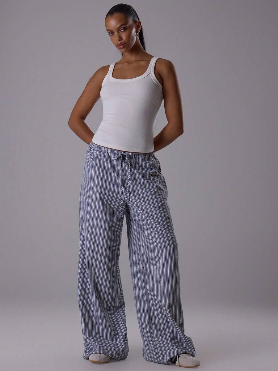 MUSERA Pantalones anchos con cordón a rayas, estilo de vacaciones de verano casual y elegante, pantalones de lino para playa, atuendo colectivo de oficina para mujeres - Negro - Ver 1