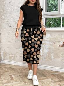 SHEIN LUNE Casual Loose Fitting Contrast Color Heart Print 2pcs Outfit, Comfy Streetwear For Plus Size Women, Suitable For Autumn/Winter,Summer Outfits For Women