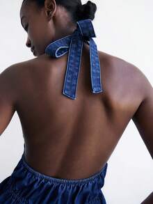 Maija Atasan Denim Biru Wanita dengan Punggung Terbuka dan Leher Halter, Atasan Tanpa Punggung Seksi untuk Liburan - Dark Wash - View 3