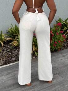 Alexandranx Women's Beige Wide Leg Pants With Drawstring Waist And Pockets Petite In Woman Clothing Women Pants