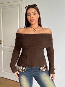 SHEIN EZwear 大码女式休闲露肩巧克力棕色T恤 - 巧克力棕 - 查看 7
