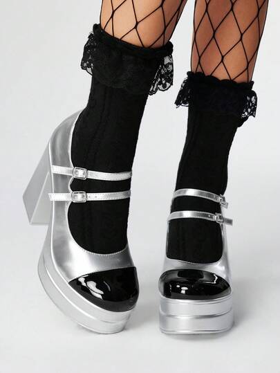 Grunge Punk CUCCOO Fashion Colorblock Waterproof Platform High Heels