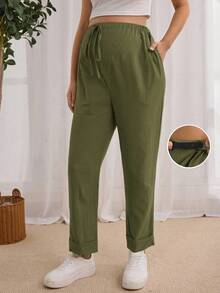 SHEIN 孕妇休闲日常可调节腰部斜口袋长裤 - 墨綠色 - 查看 3