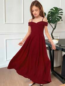 SHEIN Serisse Kids Tween Girl Elegant & Glamorous Off-Shoulder Strap Party Dress