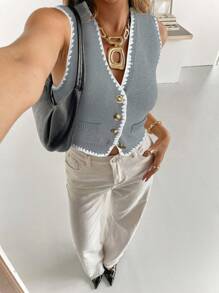Siren Gaze Gilet tricoté à simple boutonnage avec garniture florale, décontracté, automne pour femmes - Gris pâle - Voir 6