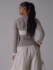 MUSERA 修身褶皱侧边叠层长袖抹胸上衣，优雅夜间外出秋季性感可爱酷女孩街头风，奶油黄黎明春日 - 卡其色 - 查看 5