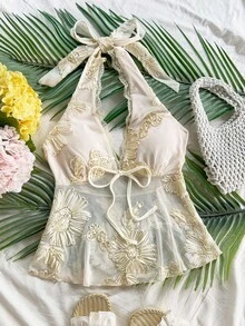 Soleia 女式露背系带 V 领褶饰 A 字形蕾丝花边花卉纹理吊带背心，适合派对、圣诞节、约会之夜、夜店、海滩、游轮、下午茶、波西米亚风、波西米亚风、度假、秋季 - 杏色 - 查看 3