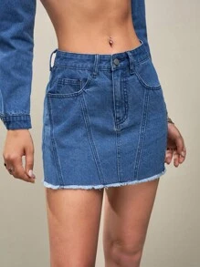 Jeanoix Women's Casual Washed Denim Frayed Hem A-Line Skirt - Blue - View 5