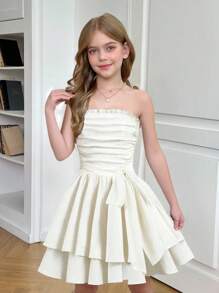 SHEIN Serisse Kids Tween Girl 纹理荷叶边蝴蝶结分层蛋糕裙连衣裙，优雅无袖收腰连衣裙，白色，法式童话风格公主裙，适合生日派对、毕业舞会、情人节 - 白色 - 查看 8