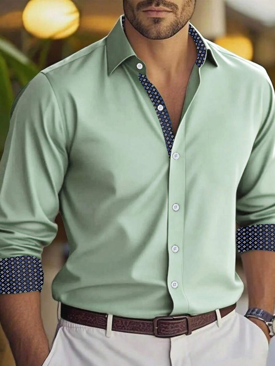 Manfinity Mode Men's Casual Business Geometric Pattern Patchwork Long Sleeve Mint Green Flannel Dress Shirt Business Casual Fashion Luxury Shirt, Fall - Mint Green - View 1