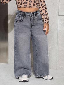 SHEIN 年轻女孩 Y2K 休闲日常水洗宽松牛仔裤，街头风，冬季，休闲时尚度假秋季装扮 - 灰色 - 查看 2