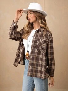 Wildy 格纹印花纽扣衬衫、长袖上衣 - 彩色 - 查看 6