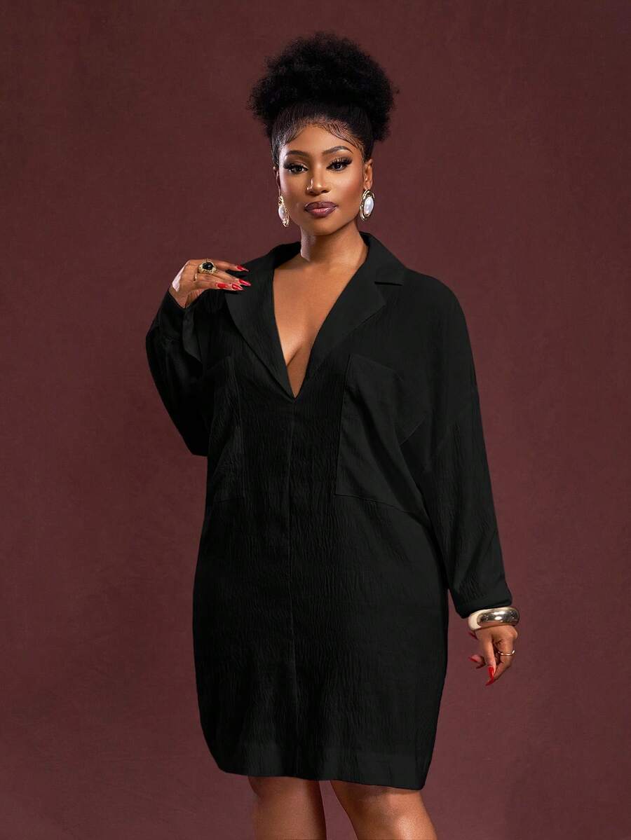 Slaydiva Vestido camisero de unicolor versátil y casual de talla grande - Negro - Ver 1
