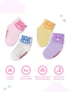 SHEIN X Care Bears 4 Pairs Cotton Soft & Breathable Moisture-Wicking Babys Mid-Calf Socks Cute Cartoon Bears Pattern Infant Crew Socks Unisex For Boys & Girls All Seasons All-Match - Multicolor - View 2