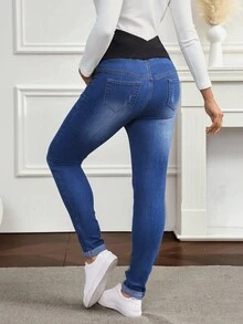 SHEIN 孕妇撞色可调节腰部紧身休闲牛仔裤 - 深色水洗藍 - 查看 2