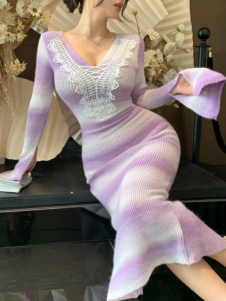 Sexy Fitted Tie-Dye Tie Dye Striped Hollow Lace Patchwork V-Neck Cinched Waist Flare Sleeve High Slit Elegant Wedding Party Maxi Sweater Dress For Women, Autumn/Winter