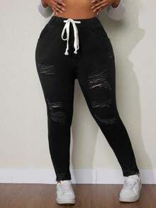 SHEIN SXY Quần Jeans Co Giãn Đa Năng Cỡ Lớn Mùa Đông - màu đen - Xem 7