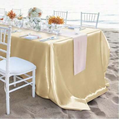 1pc Elegant Champagne Color Tablecloth, Rectangular Wedding Decoration Tablecloth, Washable And Reusable, High-Quality Polyester Satin Texture, Suitable For Weddings, Birthdays, Restaurants, Family Gatherings, Outdoor Parties As Table Cover, Decor And Party Tablecloth