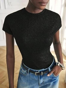 Maija Camiseta de mujer de unicolor, cuello redondo, manga corta, ajustada y versátil de moda - Negro - Ver 1