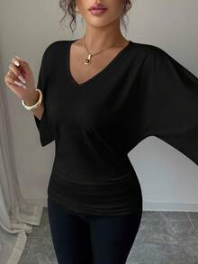 Elenzga Women's Casual Batwing Sleeve V-Neck Solid Color Fitted Short Sleeve T-Shirt