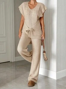 Textured Knit Sleeveless Sweater Belted And Pants Co-Ord Set Knit Two Piece Set Beige Two Piece Set Cream Two Piece Set Two Piece Set Women Comfy Two Piece Set Comfortable Two Piece Set - Beige - View 5