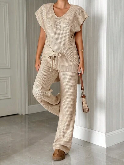 EURMUSE Textured Knit Sleeveless Sweater Belted And Pants Co-Ord Set Knit Two Piece Set Beige Two Piece Set Cream Two Piece Set Two Piece Set Women Comfy Two Piece Set Comfortable Two Piece Set