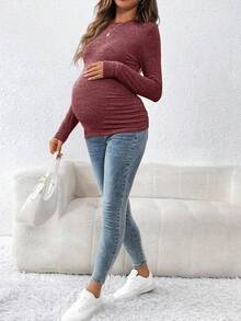 SHEIN 孕妇纯色圆领长袖修身休闲百搭T恤 - 紅色 - 查看 4