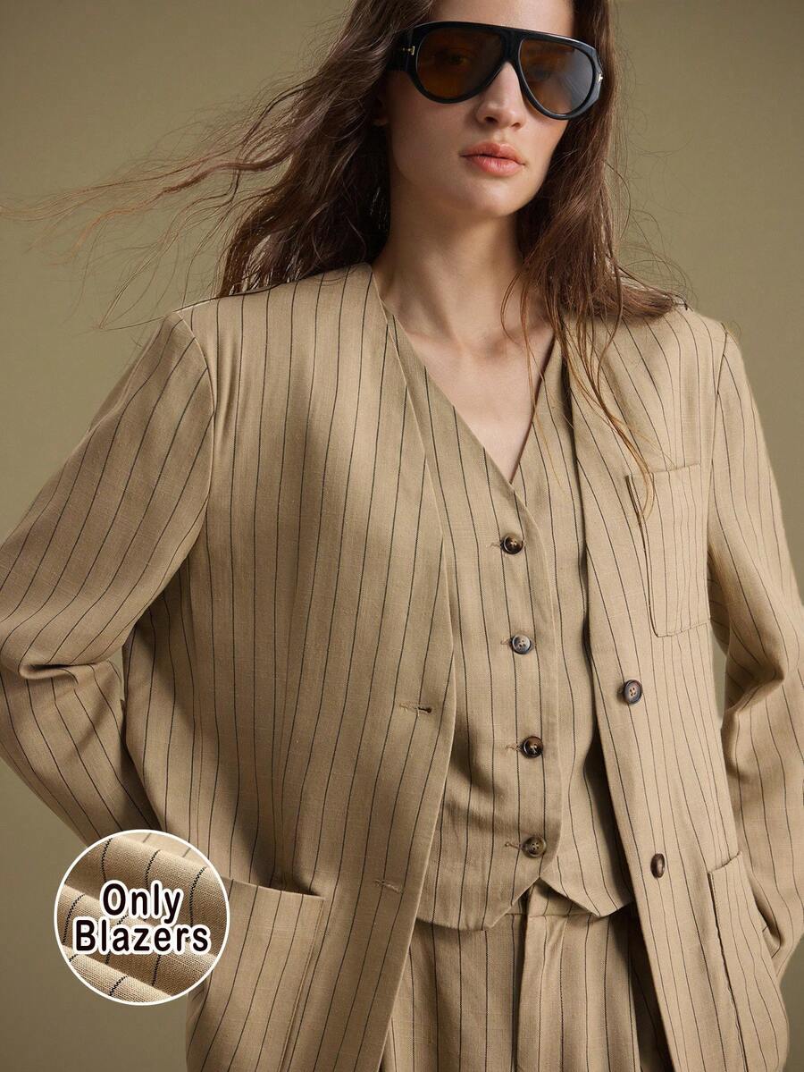 Ontre 2025 极简韩风，卡其色，亚麻混纺，口袋，宽松直筒，女士西装外套，翻领，商务休闲，办公室通勤，日常穿着，秋冬 - 卡其色 - 查看 1