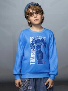 Transformers X SHEIN 青少年男孩休闲日常街头机器人与字母印花套头衫，春秋季 - 藍色 - 查看 4
