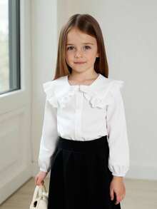 SHEIN Blusa de manga larga con cuello Peter Pan y adorno de encaje, de estilo sencillo y elegante, para niña bebé, adecuada para la escuela y el uso diario