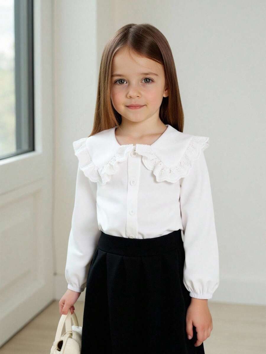 SHEIN Blusa de manga larga con cuello Peter Pan y adorno de encaje, de estilo sencillo y elegante, para niña bebé, adecuada para la escuela y el uso diario