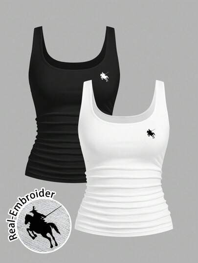 Slaydiva 2pcs Plus Size Women's Casual Horse Embroidery Pattern Crew Neck Sleeveless Camisole Set, Versatile For Daily Wear