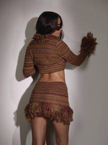 MUSERA 条纹针织流苏短款长袖上衣，可爱乡村西部风，适合夜间外出、性感夜店、Y2K、90年代复古风、冬季派对、晚宴等场合，优雅时尚 - 彩色 - 查看 2