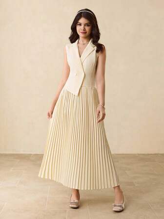 Elegant Elegant Fashion Lapel V-Neck Sleeveless Waist Pleated Maxi Dress, 2 In 1 Formal Gown For Graduation, Christmas Party, Birthday, Halloween Party