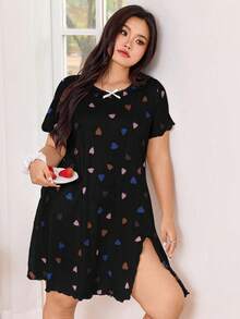 Snug Zone Cute Ruffled Heart Print Soft & Comfy Casual Nightgown  Cozy And Elegant Details - Black - View 7