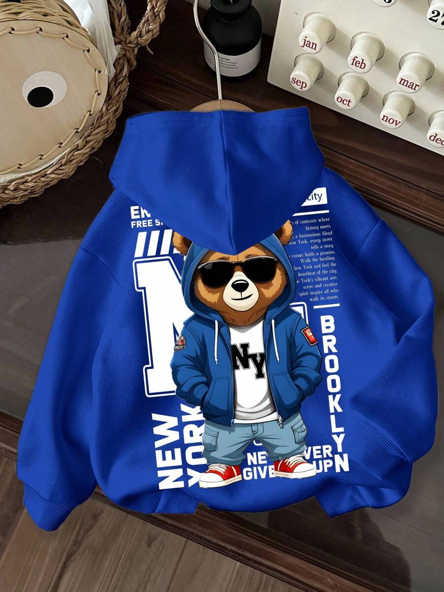 Tween Boy Casual Minimalist NY Cartoon Bear Pattern Loose Fit Long Sleeve Sweatshirt, Suitable For Autumn/Winter Fall - Blue - View 1