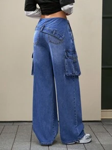Jeanoix 女士时尚不对称腰部工装牛仔裤 - 藍色 - 查看 2