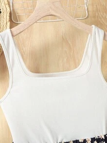 SHEIN 少女女孩黑色碎花针织拼布A字休闲度假连衣裙 - 寶藍色 - 查看 3