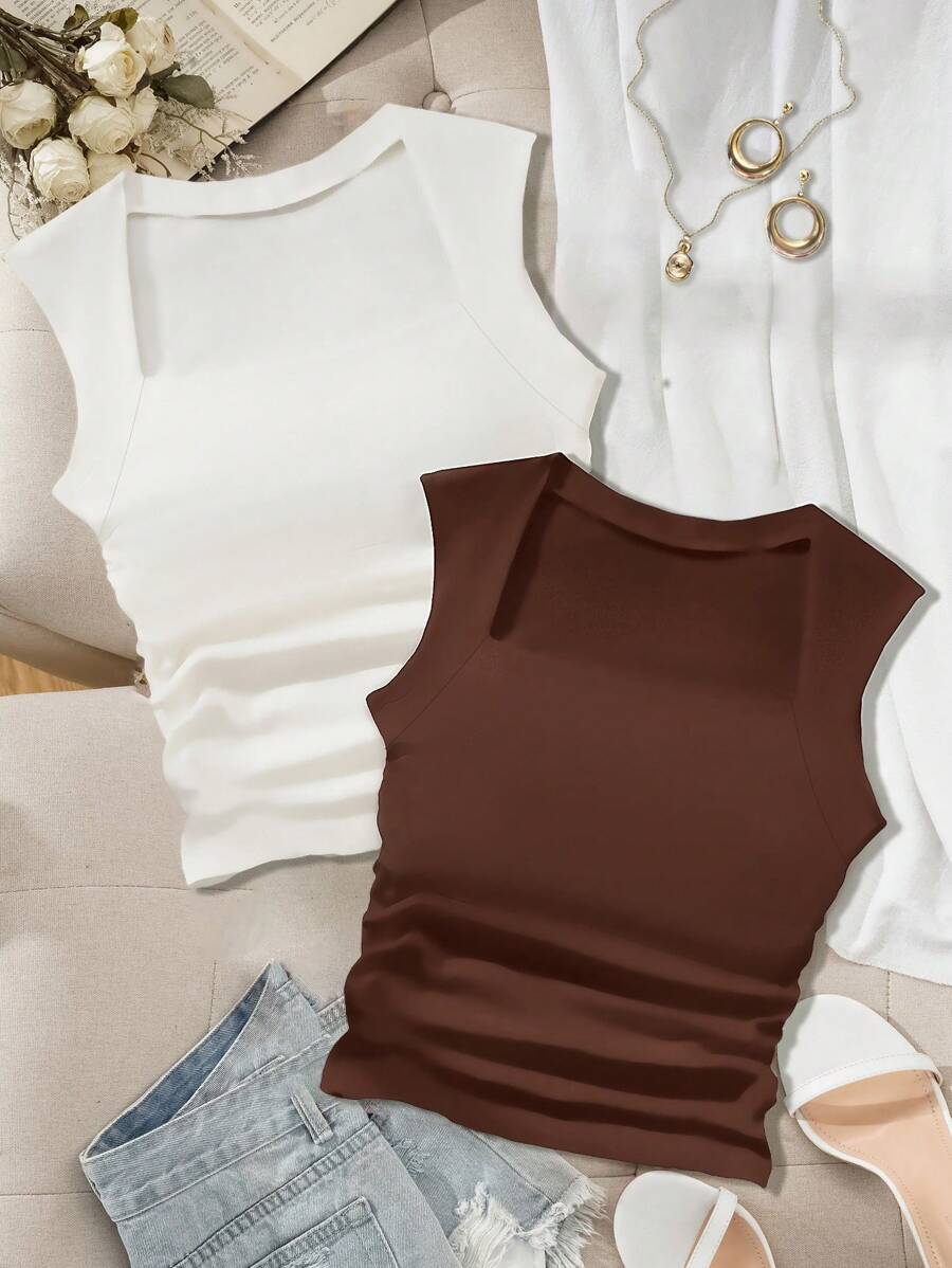 SHEIN Essnce 2 件套休闲百搭纯色短款背心，适合大码女款，夏季 - 彩色 - 查看 1