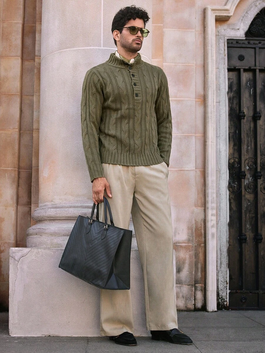 Manfinity NXTstreet Men's Fashion Winter Button Turtleneck Casual Cable Knit Sweater Knitted Men Shirt Men Knitted Sweater Cable Knit Sweater Men Men Tunic Sweater Earth Tone Sweater Men , Fall - Multicolor - View 1