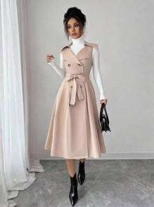Elenzga 法式优雅无袖双排扣，系腰带 A 字高腰褶皱卡其色，百搭通勤复古翻领中长款风衣 - 卡其色 - 查看 1