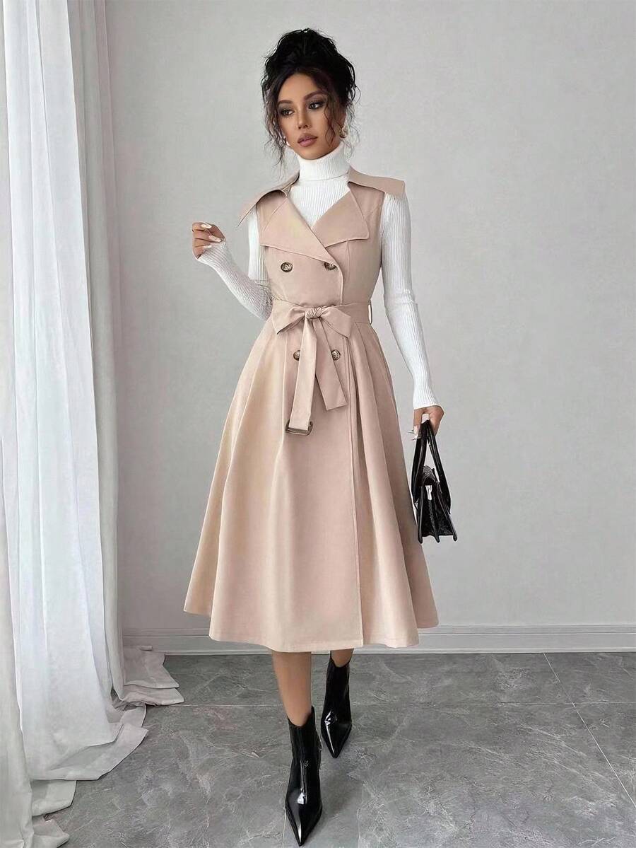 Elenzga 法式优雅无袖双排扣，系腰带 A 字高腰褶皱卡其色，百搭通勤复古翻领中长款风衣 - 卡其色 - 查看 1