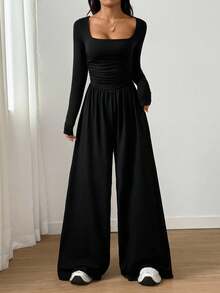 SHEIN Unity Women's Casual Solid Color Square Neck Jumpsuit - Black - View 4