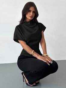 Firerie Crinkle Collar Asymmetrical Sleeve Side Ruched Cinched Waist Commuter Apricot Bamboo Fiber Fabric Women Shirt, All Season - Black - View 2