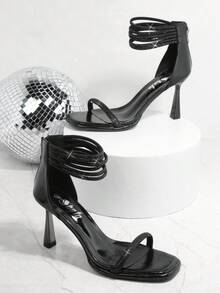 SHUZIA Square Toe Rhinestone Ankle Strap Sandals - Black - View 4