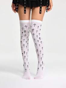 ROMWE Grunge Punk Calcetines de estilo punk de Halloween con estampado cruzado aleatorio hasta la rodilla, calcetines casuales personalizados de estilo Y2K que llegan sobre la rodilla, adecuados para fiestas, reuniones y eventos sociales - Blanco - Ver 6