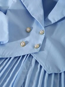 女童简约优雅西装外套，不对称下摆和高腰褶皱长裤套装，适合返校季穿着 - 藍色 - 查看 5