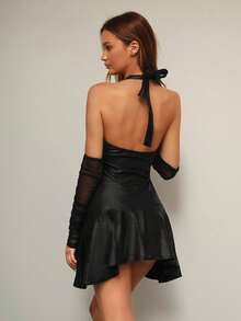 EgrlEra Damen sexy rückenfreies Neckholder Minikleid - Schwarz - Übersicht 2
